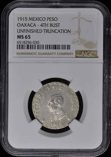 1915 Mexico Oaxaca Peso NGC MS65 Uncirculated Coin: 1915 Mexico Oaxaca Peso NGC MS65 Uncirculated Coin This 1915 Mexico Oaxaca Peso is graded as MS65 by NGC, indicating its uncirculated condition. This coin features a remarkable level of preservation