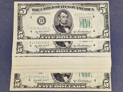 1950-B $5 Federal Reserve Note Non-Consecutive D-A Block Uncirculated: 1950-B $5 Federal Reserve Note Non-Consecutive D-A Block Uncirculated This 1963 $5 Federal Reserve Note is a stunning piece from the 1950-B series, featuring a Choice Uncirculated grade. This note