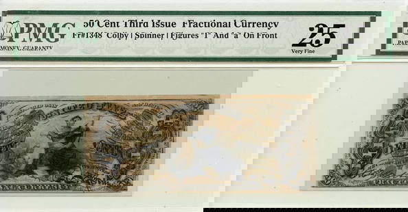 Third Issue 50 Cents Fractional Red Back Fr#1348 PMG VF25: Third Issue 50 Cents Fractional Red Back Fr#1348 PMG VF25 This is a Third Issue 50 Cents Fractional Red Back note, classified as type Fr#1348. It is graded by PMG at VF 25, indicating it is in very fi
