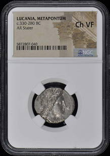Ancient Greek Ar Stater Coin Metapontum Lucania c.330-280 BC NGC VF30: Ancient Greek Ar Stater Coin Metapontum Lucania c.330-280 BC NGC VF30 This ancient Greek coin, known as an Ar Stater, originates from Metapontum in Lucania and dates back to circa 330-280 BC. It has b