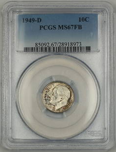 1949-D PCGS MS-67 Silver Roosevelt Dime Uncirculated Coin: 1949-D PCGS MS-67 Silver Roosevelt Dime Uncirculated Coin This 1949-D Silver Roosevelt Dime is a stunning uncirculated coin certified by PCGS with a high grade of MS-67. Minted in Denver, this
