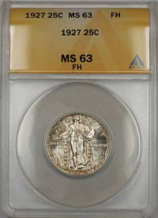 1927 Standing Liberty Quarter ANACS MS63 Full Head Silver Coin: 1927 Standing Liberty Quarter ANACS MS63 Full Head Silver Coin This 1927 Standing Liberty Quarter, certified by ANACS with a grade of MS 63, showcases a Full Head designation and exhibits light