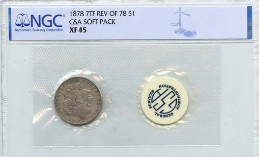 1878 Morgan Dollar GSA Soft Pack NGC XF45 Certified Coin: 1878 Morgan Dollar GSA Soft Pack NGC XF45 Certified Coin This 1878 Morgan Dollar, certified by NGC with a grade of XF45, showcases its historical significance and intricate design. Minted in