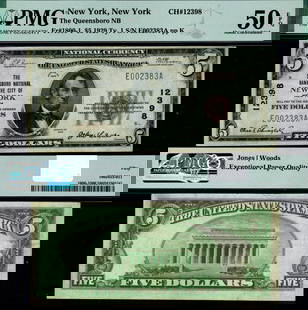1929 Ty 1 $5 National Bank Note Queensboro PMG Certified: 1929 Ty 1 $5 National Bank Note Queensboro PMG Certified This $5 National Bank Note from the Queensboro National Bank of New York, dated 1929 Type 1, is in AU50 EPQ condition, certified by PMG. This c
