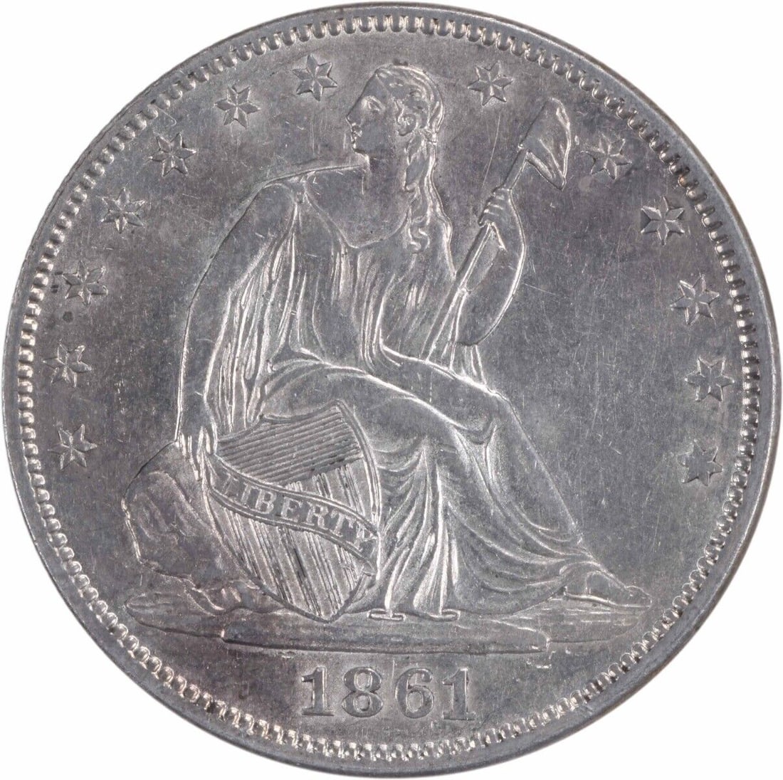 1861 Liberty Seated Half Dollar 50C AU Silver Coin Uncertified: 1861 Liberty Seated Half Dollar 50C AU Silver Coin Uncertified This 1861 Liberty Seated Half Dollar is a remarkable coin that showcases the artistry of designers Thomas Sully and Christian Gobrecht. I