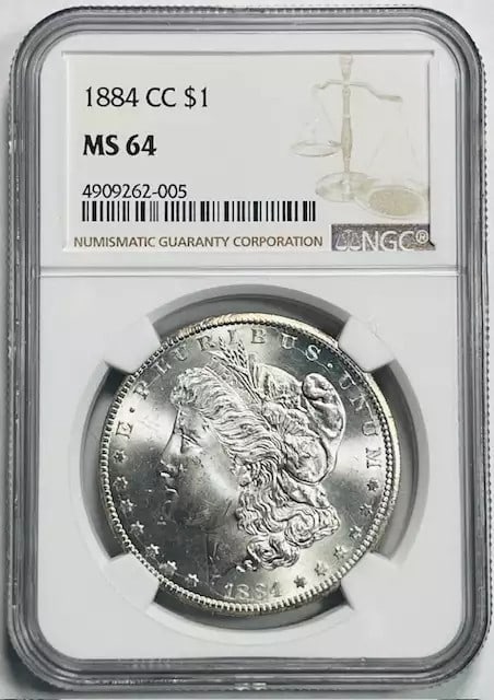 1884 CC Morgan Silver Dollar NGC MS 64 Carson City Silver Coin: 1884 CC Morgan Silver Dollar NGC MS 64 Carson City Silver Coin This 1884 CC Morgan Silver Dollar is a remarkable piece of numismatic history, certified by NGC with a high grade of MS 64. Struck in sil