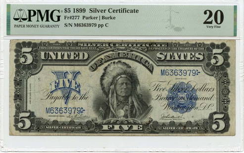 1899 $5 Silver Certificate Fr# 277 PMG VF25 Parker Burke Signature: 1899 $5 Silver Certificate Fr# 277 PMG VF25 Parker Burke Signature This 1899 $5 Silver Certificate features the signature of Parker and Burke, designated as Fr# 277. It is graded VF25 by PMG, indicati