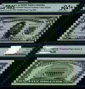 1934-D $5 Silver Certificate PMG CU64 EPQ Star Note: 1934-D $5 Silver Certificate PMG CU64 EPQ Star Note This 1934-D $5 Silver Certificate is a remarkable piece of currency, graded CU64 EPQ* by PMG, indicating its exceptional quality as a choice