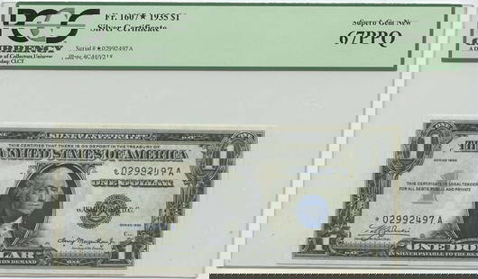 1935 $1 Silver Certificate FR#1607* PCGS 67 Superb Gem PPQ Rare: 1935 $1 Silver Certificate FR#1607* PCGS 67 Superb Gem PPQ Rare This 1935 $1 Silver Certificate, designated as FR#1607* and graded PCGS 67 Superb Gem PPQ, is a remarkable collectible for currency