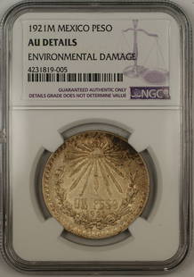 1921-M Mexico 1 Peso Silver Coin NGC AU Details 0.72 Fineness: 1921-M Mexico 1 Peso Silver Coin NGC AU Details 0.72 Fineness This 1921-M Mexico 1 Peso Silver Coin is a remarkable piece of historical currency. Graded AU Details by NGC, it features a rich silver co