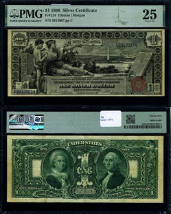 1896 $1 Silver Certificate PMG VF25 Authentic Currency: 1896 $1 Silver Certificate PMG VF25 Authentic Currency This 1896 $1 Silver Certificate is a remarkable piece of currency history, graded VF25 by PMG, indicating its well-preserved condition despite be
