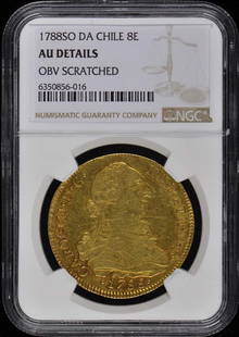 1788SO DA CHILE 8E Coin NGC AU Details Certified Uncirculated: 1788SO DA CHILE 8E Coin NGC AU Details Certified Uncirculated This 1788SO DA CHILE 8E coin is certified by NGC and graded as AU Details, indicating its high-quality condition despite being pre-owned.