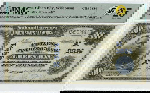 1902 Plain Back $10 Citizens National Bank Green Bay PMG VF25: 1902 Plain Back $10 Citizens National Bank Green Bay PMG VF25 This is a 1902 Plain Back $10 banknote issued by The Citizens National Bank of Green Bay, Wisconsin. It is graded as VF25 by PMG, indicati