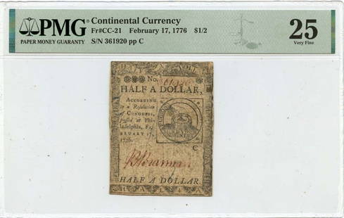 1776 $1/2 Continental Currency CC-21 PMG VF25 Certified Note: 1776 $1/2 Continental Currency CC-21 PMG VF25 Certified Note This offering features a $1/2 Continental Currency note, designated as CC-21 and graded by PMG at VF25. The note is in circulated condition