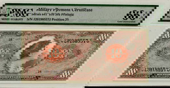 Series 641 $10 MPC PMG Gem Uncirculated 66 S887-3 Third Printing: Series 641 $10 MPC PMG Gem Uncirculated 66 S887-3 Third Printing This Series 641 $10 MPC (Military Payment Certificate) is graded PMG Gem Uncirculated 66, ensuring its superior quality. With the certi