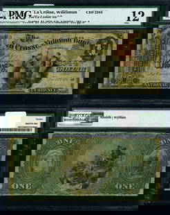 1875 LaCrosse WI $1 National Bank Note PMG Fine 12: 1875 LaCrosse WI $1 National Bank Note PMG Fine 12 This 1875 National Bank Note from LaCrosse, Wisconsin, is a $1 denomination certified by PMG with a grade of Fine 12. It is a circulated note, showca