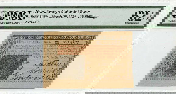 1776 New Jersey Colonial Note 15 Shillings NJ-180 PMG MS62 EPQ: 1776 New Jersey Colonial Note 15 Shillings NJ-180 PMG MS62 EPQ This is a 1776 March 25 New Jersey Colonial Note, denominated at 15 Shillings (Type: NJ-180). Certified by PMG with a grade of Uncirculat