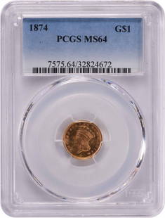 1874 $1 Gold Type 3 MS64 Coin PCGS Certified by Longacre: 1874 $1 Gold Type 3 MS64 Coin PCGS Certified by Longacre This 1874 $1 Gold Type 3 coin showcases a remarkable MS64 grade from PCGS, indicating its uncirculated condition. Minted in Philadelphia, it