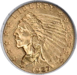 1927 Gold Indian $2.50 Coin AU Uncertified by Bela Lyon Pratt: 1927 Gold Indian $2.50 Coin AU Uncertified by Bela Lyon Pratt This 1927 $2.50 Gold Indian coin features a beautiful design by Bela Lyon Pratt and is a notable addition for collectors. It is