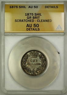1875 British Shilling Silver Coin ANACS AU 50 Details: 1875 British Shilling Silver Coin ANACS AU 50 Details This 1875 British Shilling coin is crafted from silver and has been circulated. It is certified by ANACS with a grade of AU 50 Details,