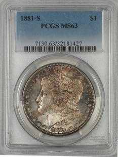 1881-S Morgan Silver Dollar PCGS MS63 Toned Silver Coin: 1881-S Morgan Silver Dollar PCGS MS63 Toned Silver Coin This 1881-S Morgan Silver Dollar is a stunning piece, certified by PCGS with a grade of MS 63. The coin is uncirculated and features beautiful