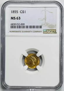 1855 Gold Dollar Indian Princess Head NGC MS 63 Type 2 Coin: 1855 Gold Dollar Indian Princess Head NGC MS 63 Type 2 Coin This 1855 Gold Dollar features the Indian Princess Head design and is classified as a Type 2 coin. Certified by NGC with a grade of MS 63,