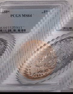 1886 Morgan Silver Dollar Coin $1 PCGS MS-64 Uncirculated: 1886 Morgan Silver Dollar Coin $1 PCGS MS-64 Uncirculated This 1886 US Morgan Silver Dollar Coin is a remarkable collectible piece, certified by PCGS with a grade of MS-64. Minted in Philadelphia,