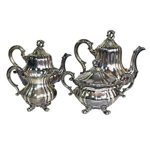Art Nouveau 4-Piece Silver Tea Coffee Set 68.46ozt with Vine Grape Motifs