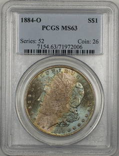 1884-O Morgan Silver Dollar PCGS MS63 Beautifully Toned Coin: 1884-O Morgan Silver Dollar PCGS MS63 Beautifully Toned Coin This 1884-O Morgan Silver Dollar is a remarkable piece, graded MS 63 by PCGS, showcasing a beautifully toned obverse. Struck in silver at