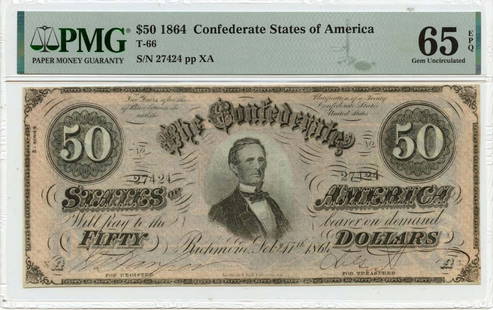 1864 $50 Confederate T-66 PMG Gem 65 EPQ Uncirculated Note: 1864 $50 Confederate T-66 PMG Gem 65 EPQ Uncirculated Note This is a beautifully preserved 1864 $50 note from the Confederate States of America, designated T-66. The note is certified by PMG, receivin