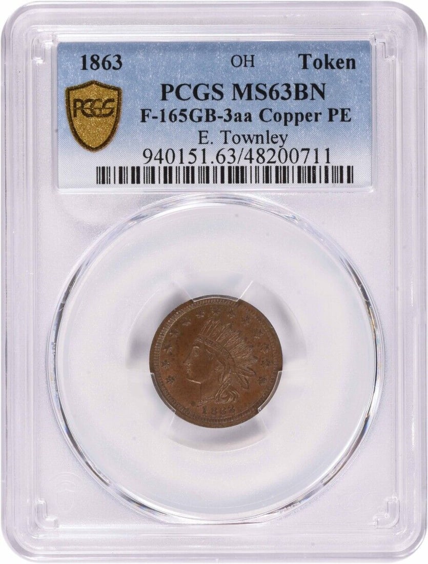 1863 Ohio Civil War Token F-165GB-3aa MS63BN PCGS Copper: 1863 Ohio Civil War Token F-165GB-3aa MS63BN PCGS Copper This 1863 Civil War Token Store Card from Ohio (F-165GB-3aa) features a stunning uncirculated condition, showcasing its rich copper composition