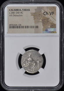 c. 281-240 BC Calabria Taras AR Didrachm NGC VF30 Certified Coin: c. 281-240 BC Calabria Taras AR Didrachm NGC VF30 Certified Coin This is a c. 281-240 BC Calabria, Taras AR Didrachm, certified by NGC with a grade of VF30. An intriguing piece of Ancient Greek coinag