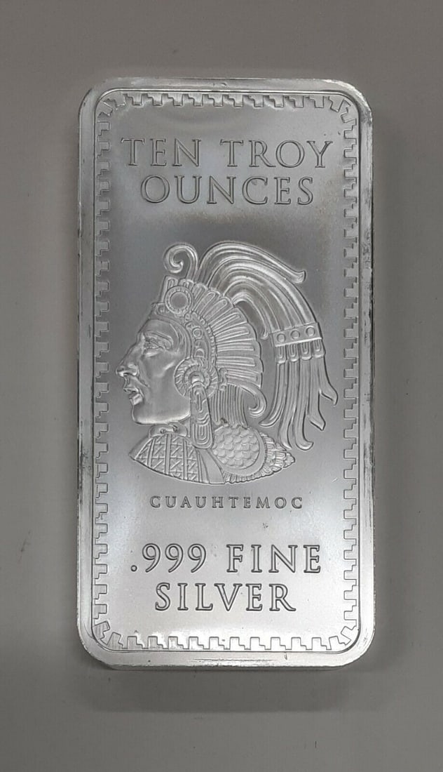Cuauhtemoc Design 10 oz .999 Fine Silver Bar: Cuauhtemoc Design 10 oz .999 Fine Silver Bar This exquisite Cuauhtemoc Design silver bar contains 10 troy ounces of .999 fine silver, making it a valuable addition for collectors and investors alike. 