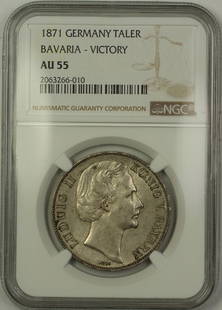 1871 NGC AU 55 Bavaria Victory Silver Taler Coin Germany: 1871 NGC AU 55 Bavaria Victory Silver Taler Coin Germany This 1871 Germany Bavaria Victory Silver Taler Coin is a remarkable piece of history, certified by NGC and graded AU 55. The coin, composed