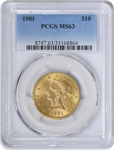 1901 $10 Gold Liberty Head Coin MS63 PCGS Uncirculated: 1901 $10 Gold Liberty Head Coin MS63 PCGS Uncirculated This 1901 $10 Gold Liberty Head coin is a stunning example of early 20th-century American numismatics. Certified by PCGS with a grade of MS63,