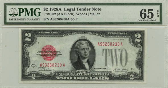 1928A $2 Legal Tender Note Fr# 1502 PMG Gem 65 EPQ Uncirculated: 1928A $2 Legal Tender Note Fr# 1502 PMG Gem 65 EPQ Uncirculated This 1928A $2 Legal Tender Note, designated as Fr# 1502, is a remarkable addition for collectors. It has been graded by PMG as Gem 65 EP