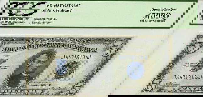 1934A $5 Silver Certificate FR#1651 PCGS MS67 Gem Uncirculated: 1934A $5 Silver Certificate FR#1651 PCGS MS67 Gem Uncirculated This 1934A $5 Silver Certificate, FR#1651, is a remarkable piece of currency certified by PCGS with a grade of MS67. It is in