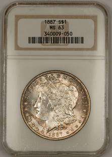 1887 NGC MS63 Morgan Silver Dollar Uncirculated Coin Toned: 1887 NGC MS63 Morgan Silver Dollar Uncirculated Coin Toned This 1887 Morgan Silver Dollar is a stunning example of American coinage, certified by NGC with a grade of MS-63. This uncirculated coin