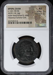 Celsa Spain AE29 Ancient Coin Horse Rider 143-100 BC NGC AU50: Celsa Spain AE29 Ancient Coin Horse Rider 143-100 BC NGC AU50 This ancient coin from Celsa, Spain, dates back to 143-100 BC and features a striking depiction of a horse rider, capturing the artistry o