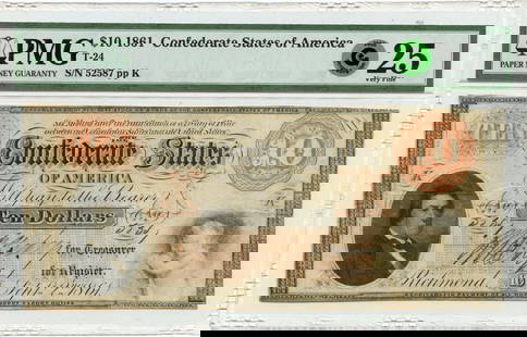 1861 $10 Confederate T-24 Note PMG VF25 Circulated: 1861 $10 Confederate T-24 Note PMG VF25 Circulated This is a historically significant 1861 $10 Confederate States of America note, designated as Type T-24. The note is certified by PMG and carries a g