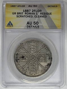 1887 Great Britain ANACS AU 50 Two Shillings Florin Coin: 1887 Great Britain ANACS AU 50 Two Shillings Florin Coin This 1887 Great Britain Roman 2 Florin coin features a denomination of Two Shillings. Certified by ANACS with a grade of AU 50, this coin repre