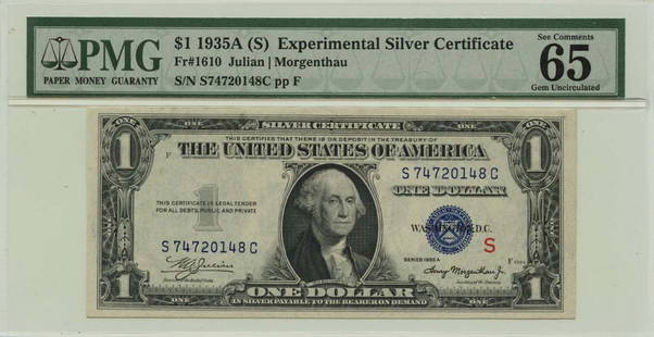 1935A $1 Experimental Silver Certificate Fr# 1610 PMG Gem 65 EPQ: 1935A $1 Experimental Silver Certificate Fr# 1610 PMG Gem 65 EPQ This 1935A $1 Experimental Silver Certificate (Fr# 1610) is a noteworthy addition for any collector. Graded as PMG Gem 65 EPQ, it signi
