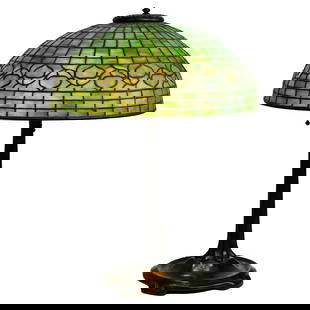 Tiffany Studios Acorn Lamp Favrile Glass Patinated Bronze 1899-1918 16in Shade: Tiffany Studios Acorn Lamp Favrile Glass Patinated Bronze 1899-1918 16in Shade This exquisite Tiffany Studios Favrile Glass and Patinated Bronze Acorn Lamp, created between 1899 and 1918, showcases th