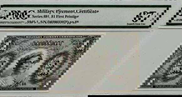 Series 691 $1 Military Payment Certificate PMG Gem 67 S945-1: Series 691 $1 Military Payment Certificate PMG Gem 67 S945-1 This Series 691 $1 Military Payment Certificate (MPC) features the S945-1 type and is graded as PMG Gem 67 EPQ, signifying its exceptional