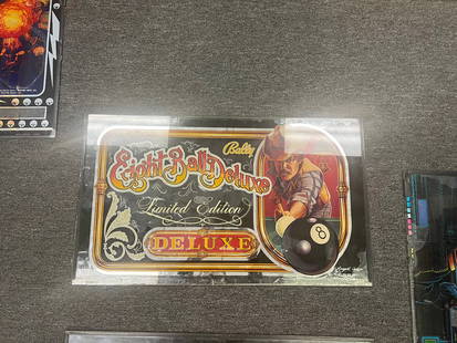 Bally 1982 EIGHT BALL DELUXE Limited Edition Pinball Backglass: Bally 1982 EIGHT BALL DELUXE Limited Edition Pinball Backglass Elevate your pinball collection with the EIGHT BALL DELUXE LIMITED EDITION Pinball Backglass by Bally, produced in 1982. This striking ba