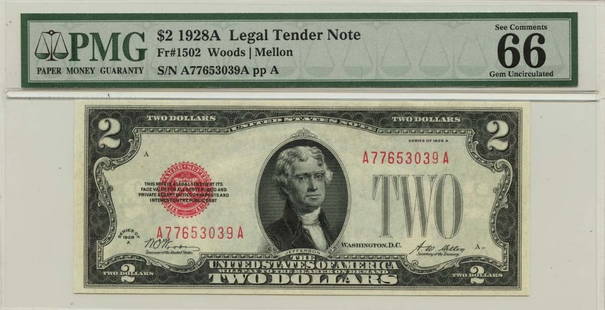 1928A $2 Legal Tender Note Fr# 1502 PMG Gem 66 EPQ Uncirculated: 1928A $2 Legal Tender Note Fr# 1502 PMG Gem 66 EPQ Uncirculated This 1928A $2 Legal Tender note, also known as Fr# 1502, is a remarkable piece for collectors. Graded PMG Gem 66 EPQ, this uncirculated