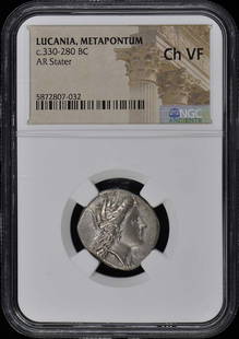 Ancient Greek Stater Coin c.330-280 BC Lucania Metapontum NGC VF30: Ancient Greek Stater Coin c.330-280 BC Lucania Metapontum NGC VF30 This ancient Greek stater, minted in Lucania, Metapontum, dates back to approximately 330-280 BC. It is certified by NGC with a grade