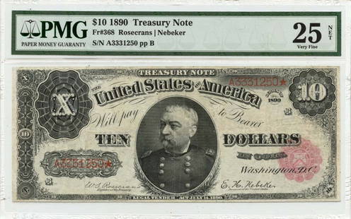 1890 $10 Treasury Note PMG VF25 Certification 1746101001: 1890 $10 Treasury Note PMG VF25 Certification 1746101001 This 1890 $10 Treasury Note, graded VF25 by PMG, is a notable piece of currency history. It features a certification number of 1746101001, ensu