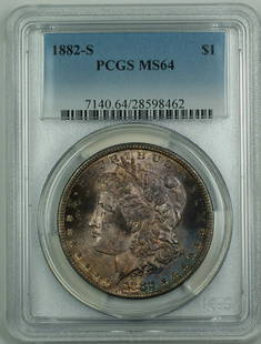 1882-S Morgan Silver Dollar $1 PCGS MS-64 Uncirculated Nicely Toned: 1882-S Morgan Silver Dollar $1 PCGS MS-64 Uncirculated Nicely Toned This 1882-S Morgan Silver Dollar is a stunning example of American coinage, certified by PCGS with a grade of MS-64. Minted in San
