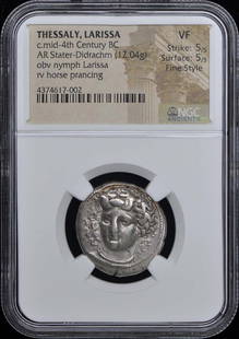 Ancient Greek AR Stater-Didrachm Larissa Coin NGC VF20: Ancient Greek AR Stater-Didrachm Larissa Coin NGC VF20 This ancient Greek coin is a c. mid-4th Century BC AR Stater-Didrachm from Thessaly, specifically Larissa. It has been certified by NGC with a gr